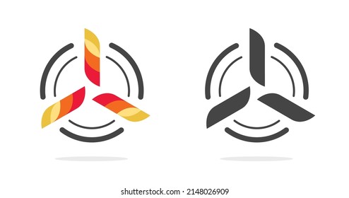 Logo of aircraft aviation vector icon or wind energy propeller geometric graphic with three elements symbol, concept of plane engine pictogram, air fan logotype  