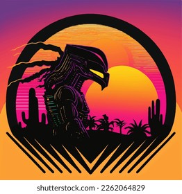 A logo with an alien 80s style