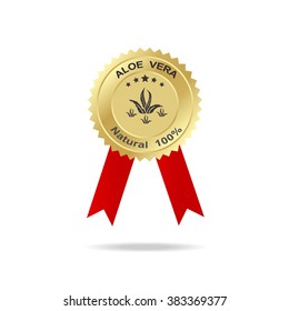 Logo aloe vera label gold badge with text natural 100% on red ribbon.