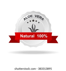 Logo aloe vera label silver badge with text natural 100% on red ribbon.