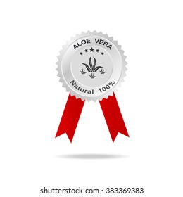 Logo aloe vera label silver badge with text natural 100% on red ribbon.