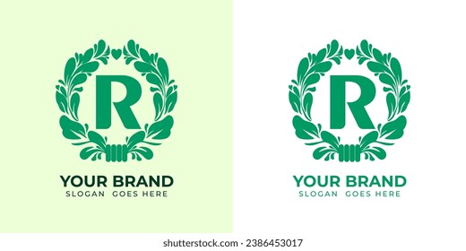 logo alphabeth initial "R" herbal vegan health green minimalist
