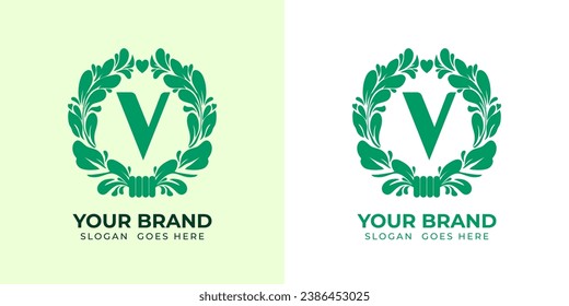 logo alphabeth initial "V" herbal vegan health green minimalist