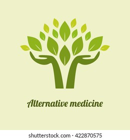 logo Alternative Medicine. health, nature. eco, bio supplements, homeopathy leaves in their hands. flat icon