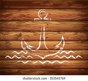 logo of the anchor. marine emblem on the wooden planks background. Vector