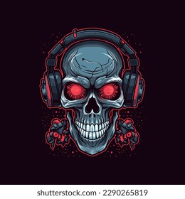 Logo of an angry skull wearing headphones designed in esports illustration style