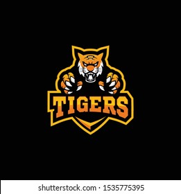 logo angry tiger with shield on isolated white background.