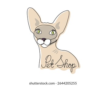 logotipo para uma loja de animais, pet shop, rosto de gato de esfinge. Fonte manuscrita de uma linha, esboço simples contínuo