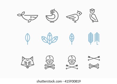 Logo with the Animals in the Style of Hipster. Trendy Retro Vintage Insignias Bundle. Vector art.