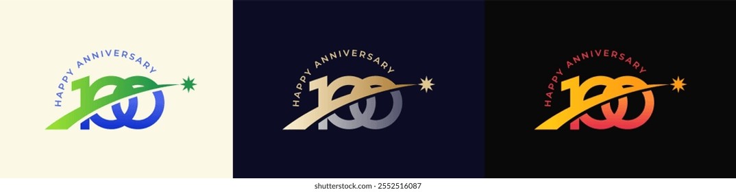 Logo Anniversary com Rising estrela 100th, 100th Feliz Aniversário com Gradiente Colorido, Ouro Luxo e Prata.