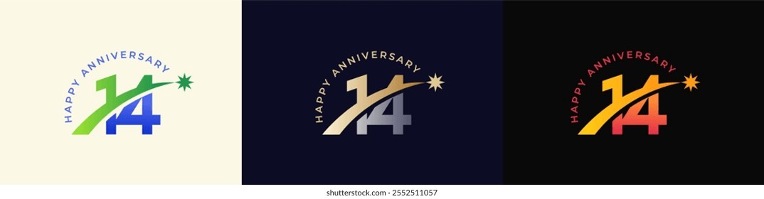 Logo Anniversary with Rising star 14th, 14th Happy Anniversary with Colorful Gradient, Luxury Gold and Silver.