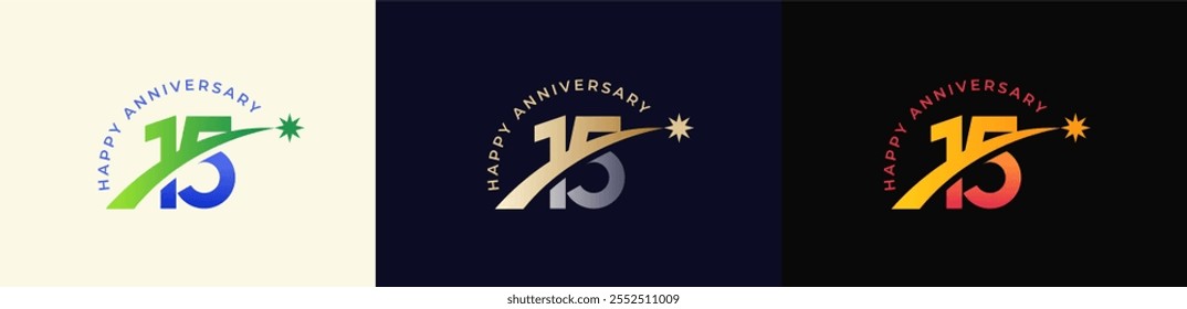 Logo Jubiläum mit Aufstiegsstern 15., 15. Happy Anniversary mit Farbverlauf, Luxus Gold und Silber.