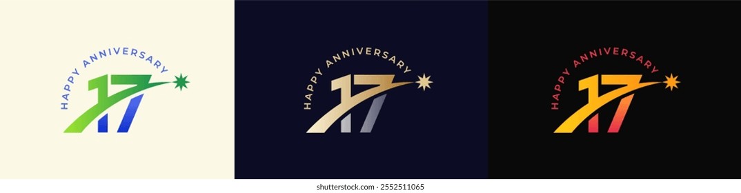 Logo Anniversary with Rising star 17th, 17th Happy Anniversary with Colorful Gradient, Luxury Gold and Silver.
