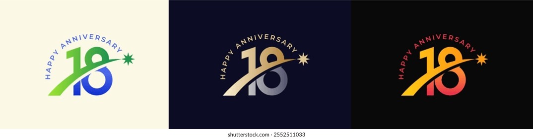 Logo Anniversary with Rising star 18th, 18th Happy Anniversary with Colorful Gradient, Luxury Gold and Silver.