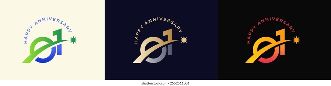 Logo Anniversary with Rising star 1st, 1st Happy Anniversary with Colorful Gradient, Luxury Gold and Silver.