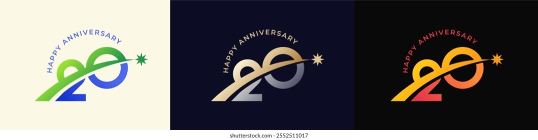 Logo Anniversary with Rising star 20th, 20th Happy Anniversary with Colorful Gradient, Luxury Gold and Silver.