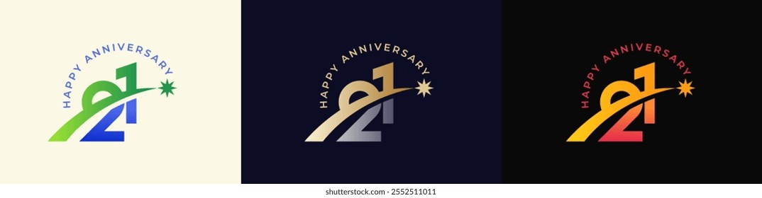 Logo Anniversary with Rising star 21th, 21th Happy Anniversary with Colorful Gradient, Luxury Gold and Silver.