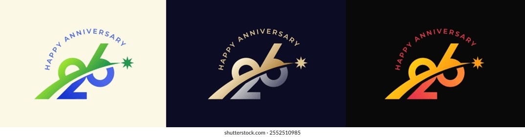 Logo Anniversary with Rising star 26th, 26th Happy Anniversary with Colorful Gradient, Luxury Gold and Silver.