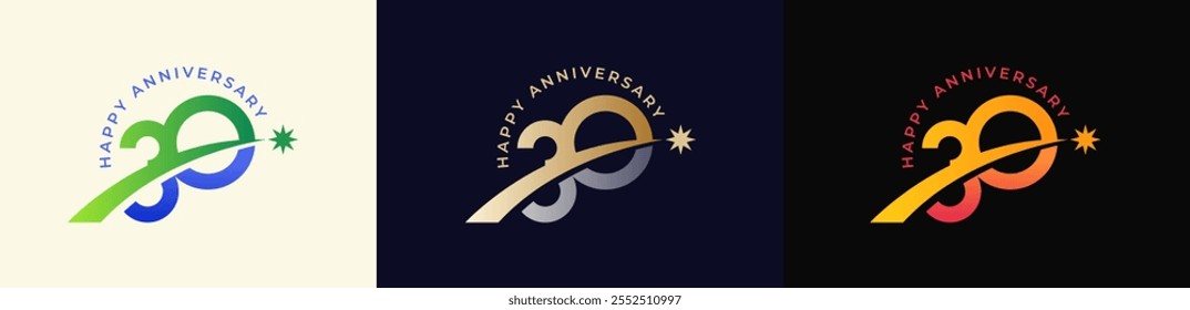Logo Anniversary with Rising star 30th, 30th Happy Anniversary with Colorful Gradient, Luxury Gold and Silver.