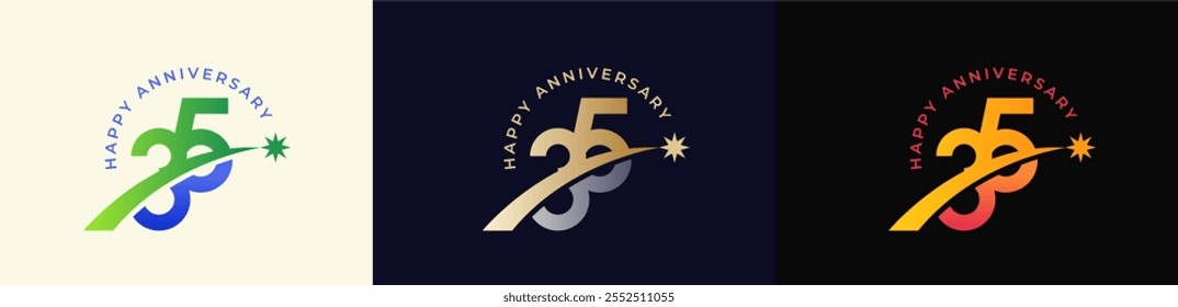 Logo Anniversary with Rising star 35th, 35th Happy Anniversary with Colorful Gradient, Luxury Gold and Silver.