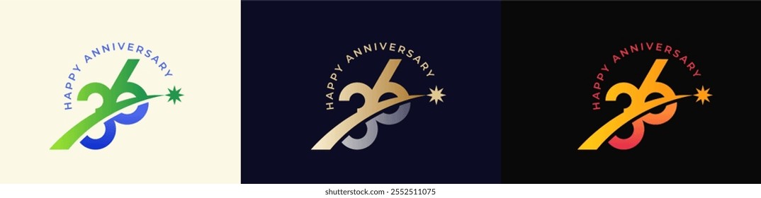 Logo Anniversary with Rising star 36th, 36th Happy Anniversary with Colorful Gradient, Luxury Gold and Silver.