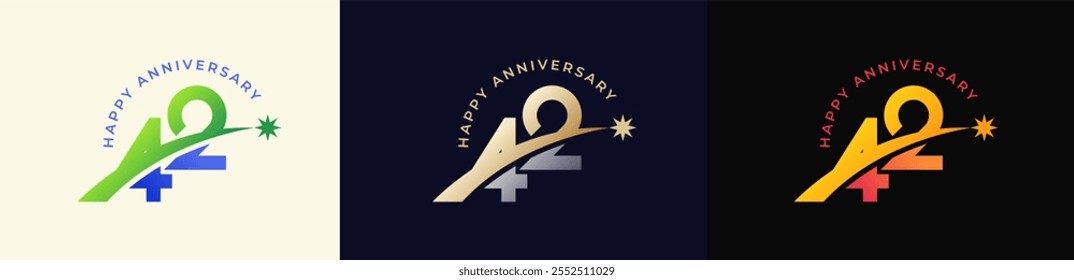 Logo Anniversary with Rising star 42th, 42th Happy Anniversary with Colorful Gradient, Luxury Gold and Silver.