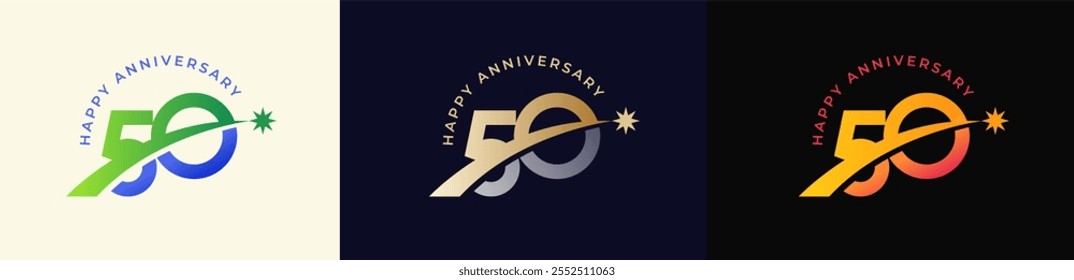 Logo Anniversary with Rising star 50th, 50th Happy Anniversary with Colorful Gradient, Luxury Gold and Silver.