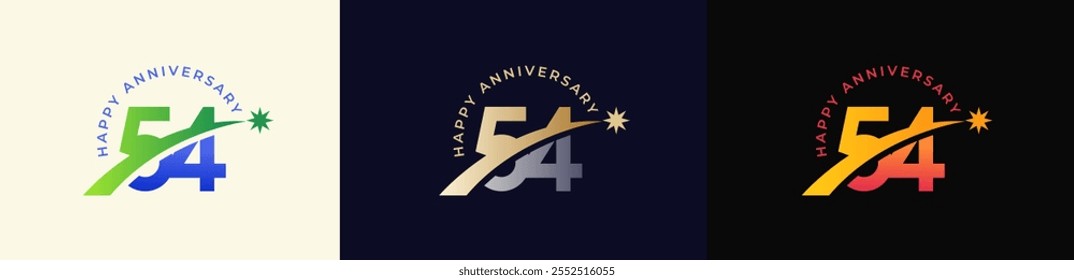 Logo Anniversary with Rising star 54th, 54th Happy Anniversary with Colorful Gradient, Luxury Gold and Silver.