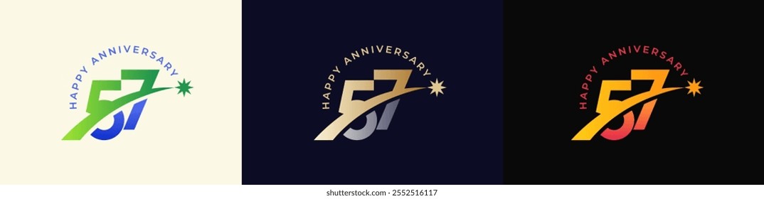 Logo Anniversary with Rising star 57th, 57th Happy Anniversary with Colorful Gradient, Luxury Gold and Silver.