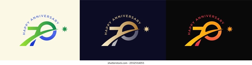 Logo Anniversary with Rising star 70th, 70th Happy Anniversary with Colorful Gradient, Luxury Gold and Silver.