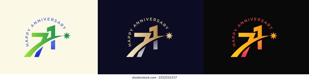 Logo Anniversary with Rising star 71th, 71th Happy Anniversary with Colorful Gradient, Luxury Gold and Silver.