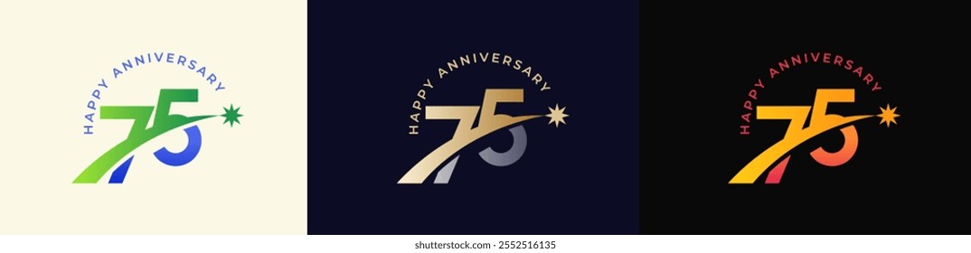 Logo Anniversary with Rising star 75th, 75th Happy Anniversary with Colorful Gradient, Luxury Gold and Silver.