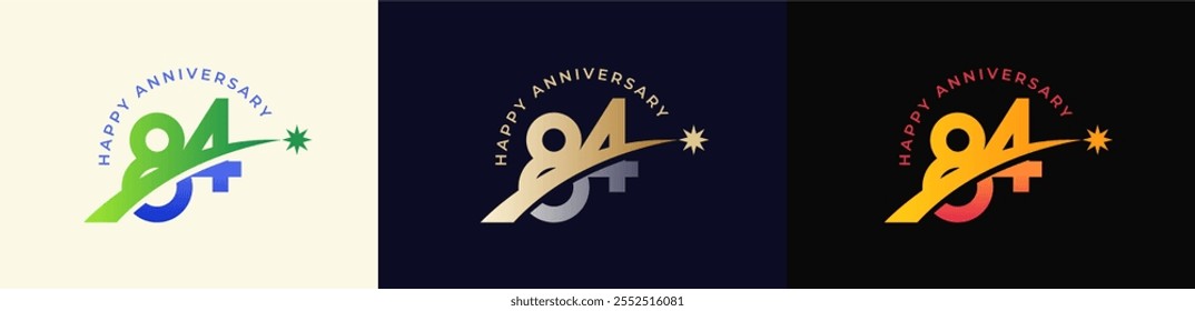 Logo Anniversary with Rising star 84th, 84th Happy Anniversary with Colorful Gradient, Luxury Gold and Silver.