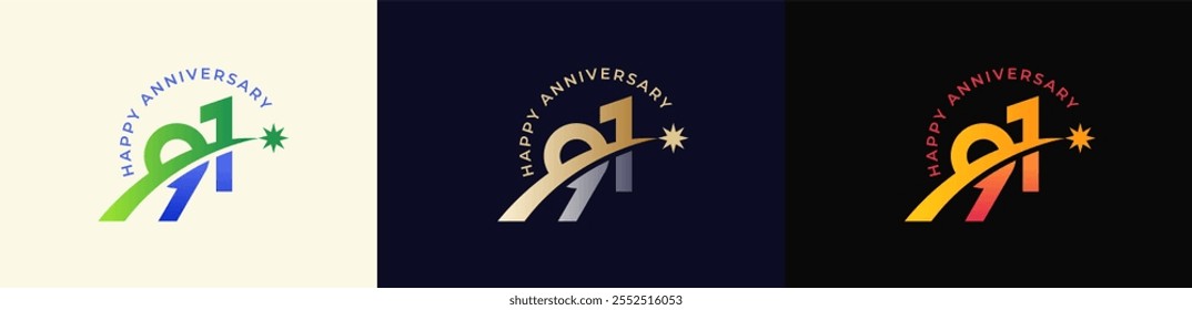 Logo Anniversary with Rising star 91th, 91th Happy Anniversary with Colorful Gradient, Luxury Gold and Silver.