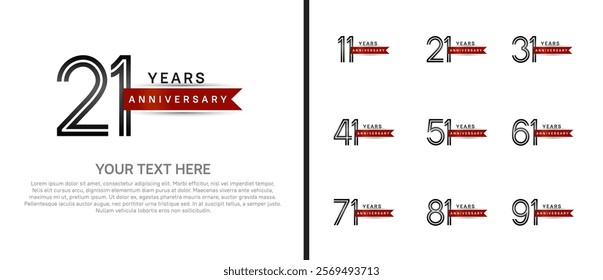 logo anniversary set. black color with red ribbon on white background for special event