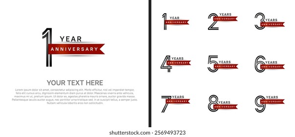 logo anniversary set. black color with red ribbon on white background for special event