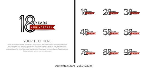 logo anniversary set. black color with red ribbon on white background for special event