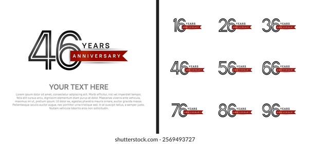 logo anniversary set. black color with red ribbon on white background for special event