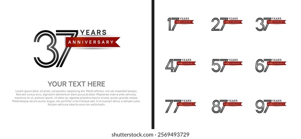 logo anniversary set. black color with red ribbon on white background for special event