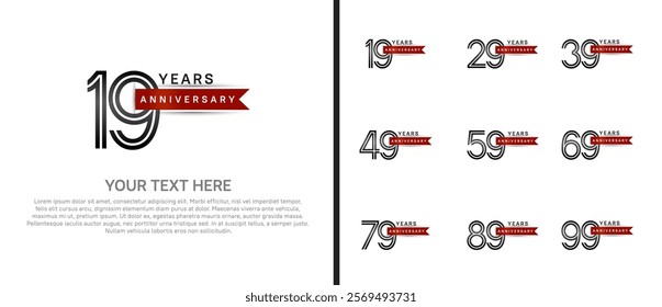 logo anniversary set. black color with red ribbon on white background for special event