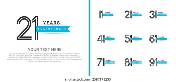 logo anniversary set. black color with blue ribbon on white background for special event