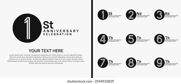logo anniversary set. black color with circle on white background for special event