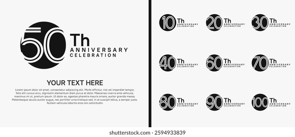 logo anniversary set. black color with circle on white background for special event