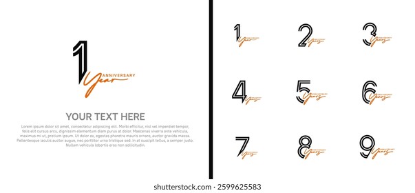 logo anniversary set. black color with orange handwriting on white background for special event