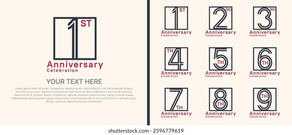 logo anniversary set. black and red color with square on white background for special event