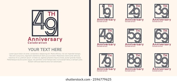 logo anniversary set. black and red color with square on white background for special event