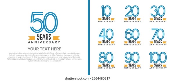 logo anniversary set. blue color with orange ribbon on white background for special event