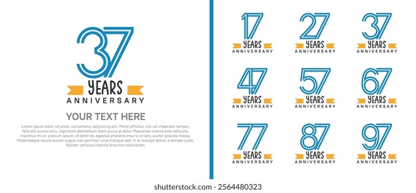 logo anniversary set. blue color with orange ribbon on white background for special event