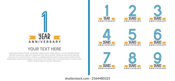 logo anniversary set. blue color with orange ribbon on white background for special event