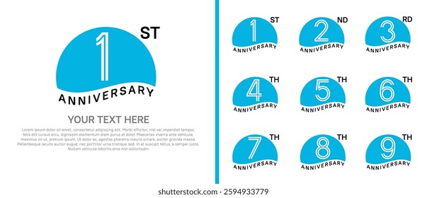 logo anniversary set. blue color with half circle on white background for special event